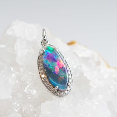 Red Firy Australian Black Opal Doublet Diamond Halo 14K White Gold Pendant