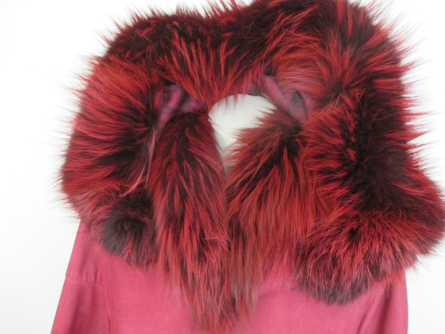 Brown Red Flared Hooded Suede Fur Cape Coat