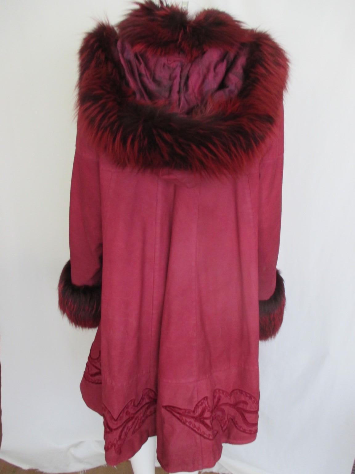 Women's or Men's Red Flared Hooded Suede Fur Cape Coat