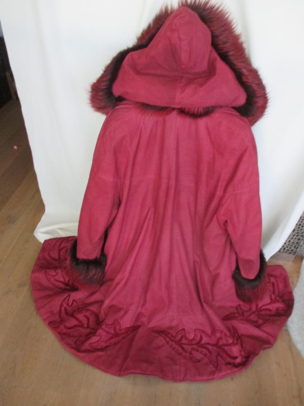 Red Flared Hooded Suede Fur Cape Coat 2