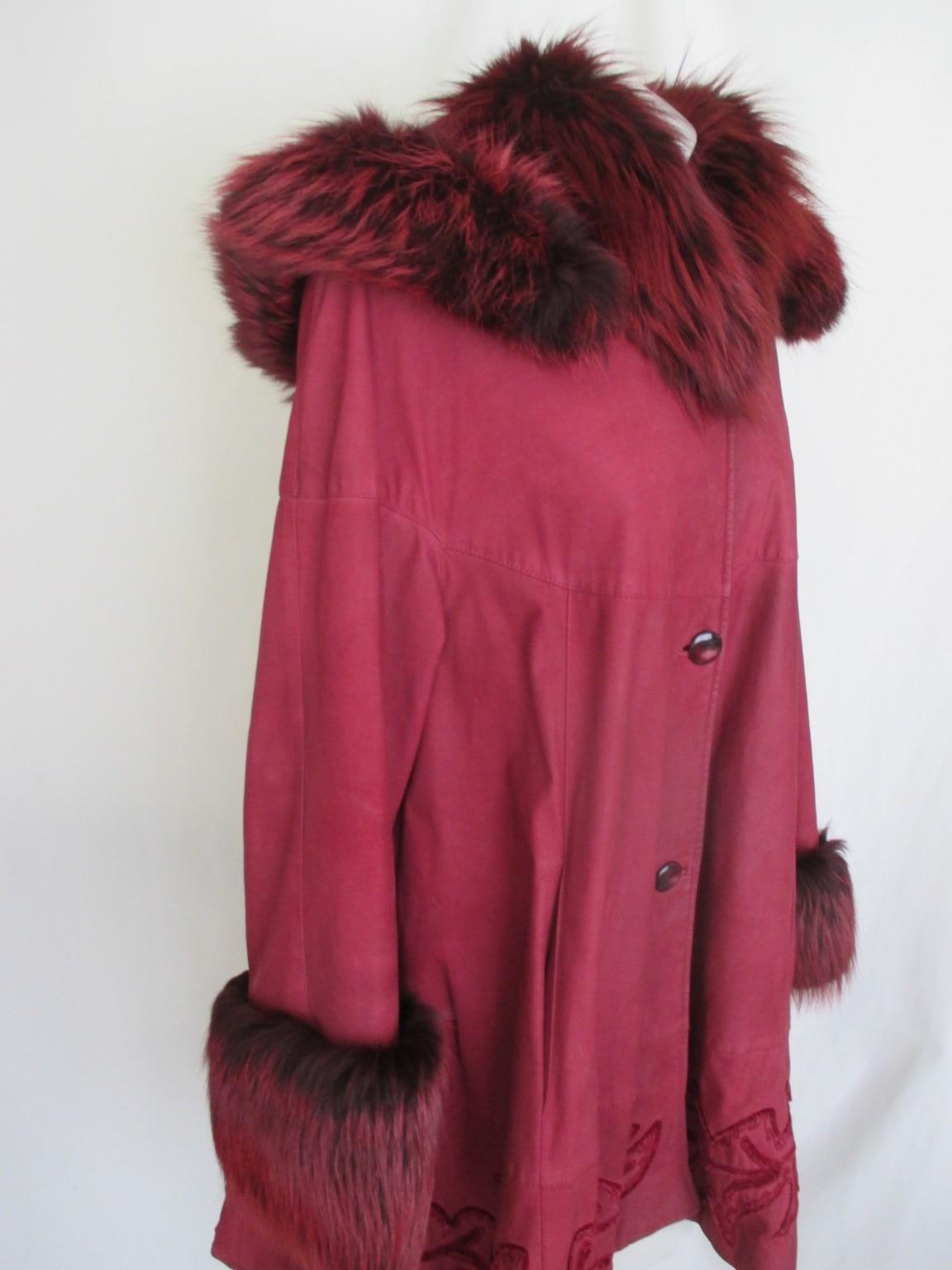 Red Flared Hooded Suede Fur Cape Coat 4