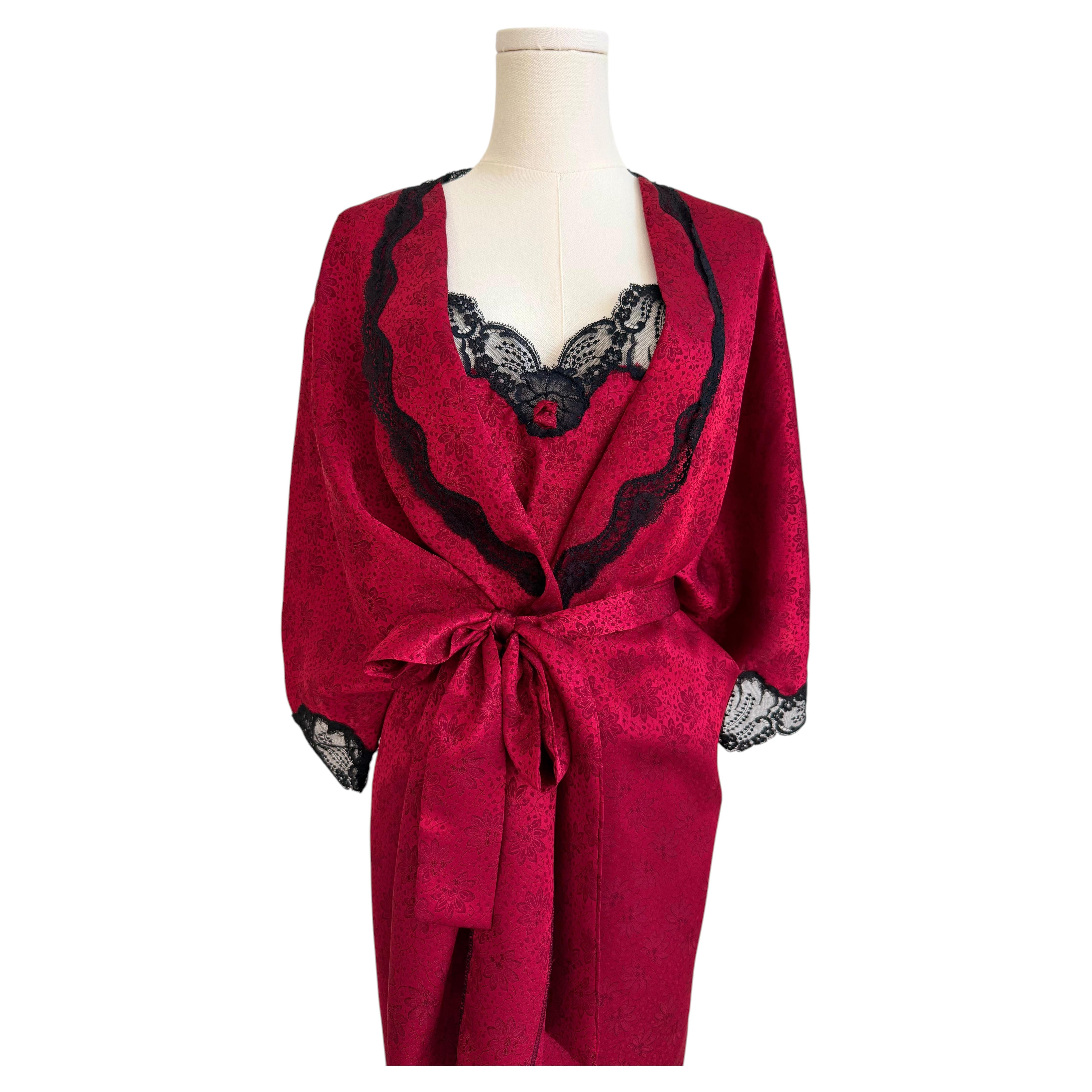 Christian Dior Red Floral Lace Lingerie Set with Robe & Slip