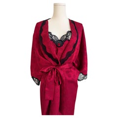 Christian Dior Red Floral Lace Lingerie Set with Robe & Slip