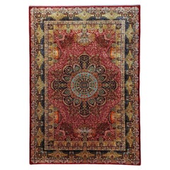 Alfombra de seda persa con medallón floral rojo, 100x150 cm, ideal para dormitorios de lujo