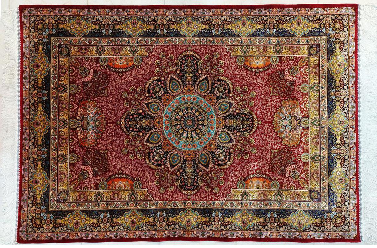 Red Floral Medallion Persian Silk Rug, The UK Made, 0041 For Sale 2