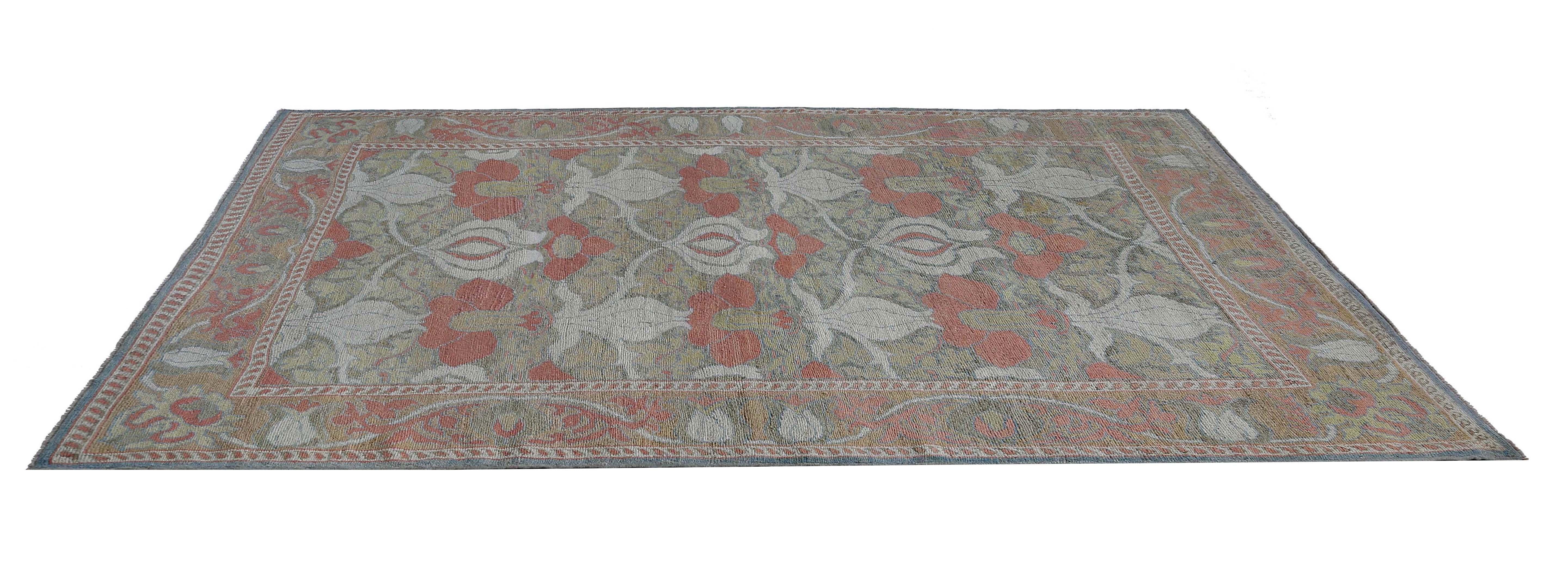 Hand-Woven Red Floral Oushak Rug For Sale