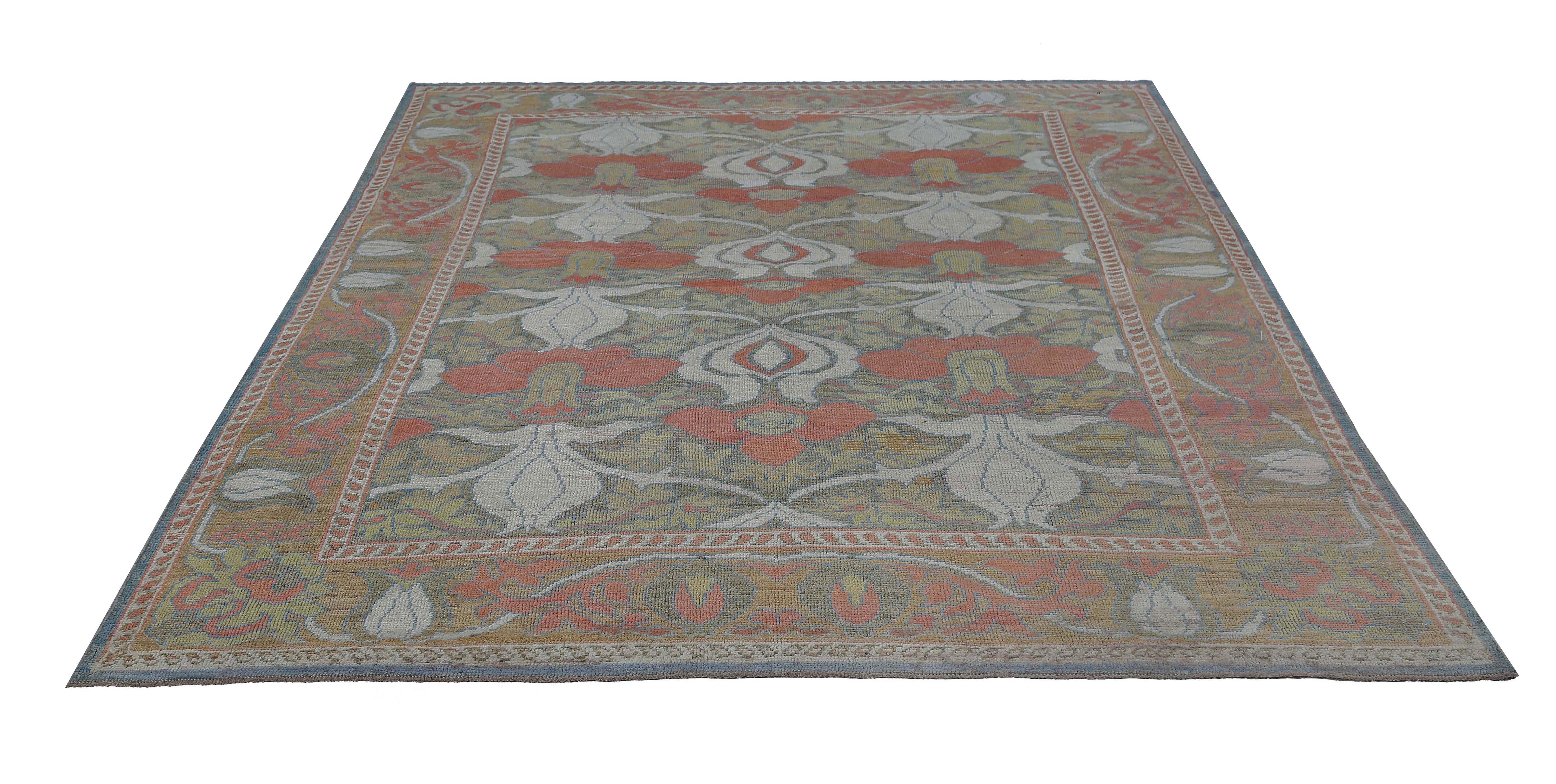 Afghano Tappeti Afghanistan Oushak Circa 1990 - Lana Verde Avorio Rosso Design - 95463 in vendita