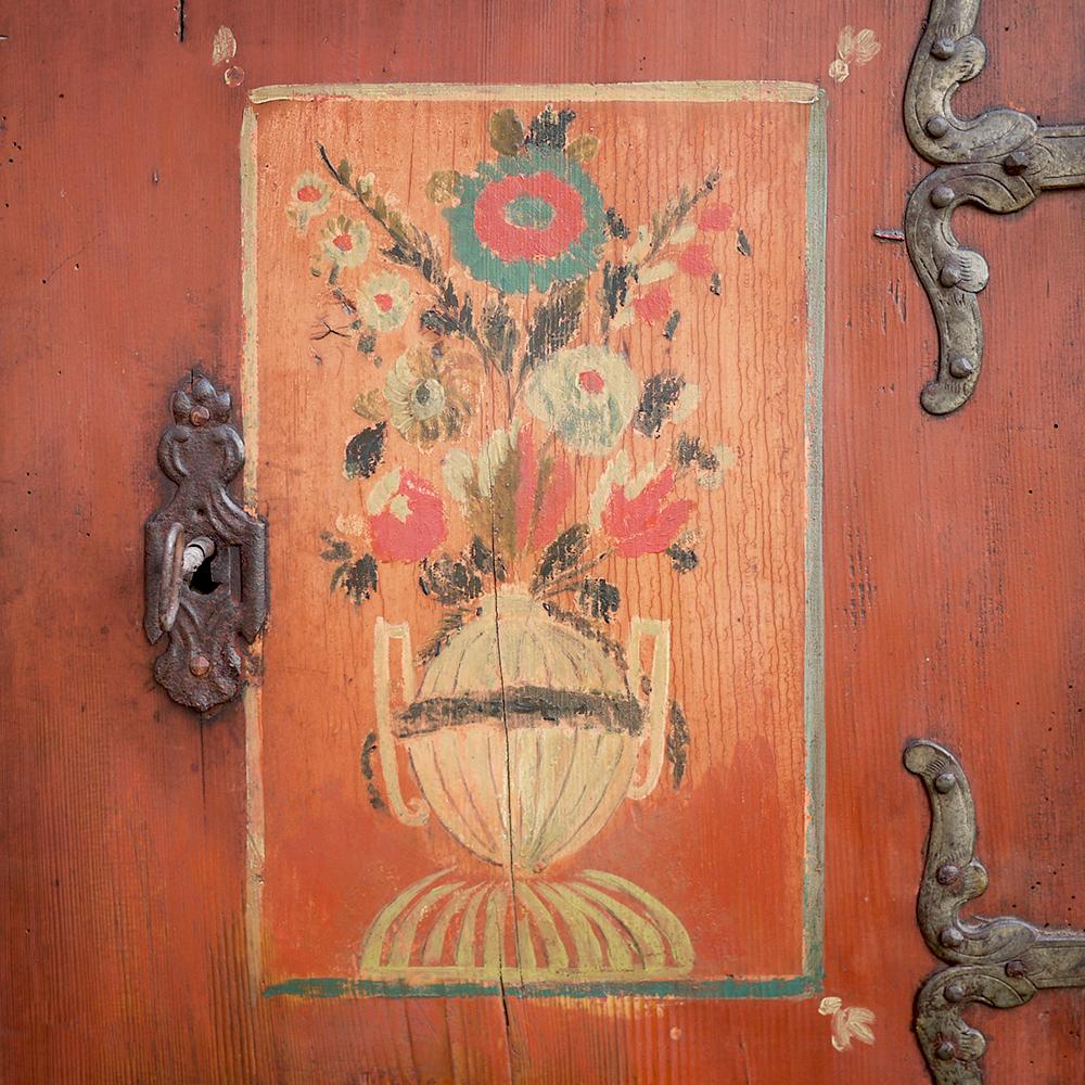 Hand-Painted Red Floral Painted Cabinet, 1790, Central Europe For Sale