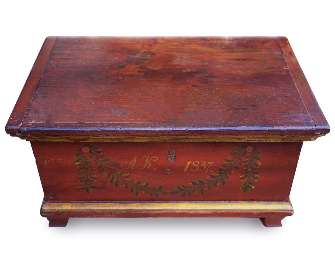 Red Floral Painted Chest Box, 1857 at 1stDibs