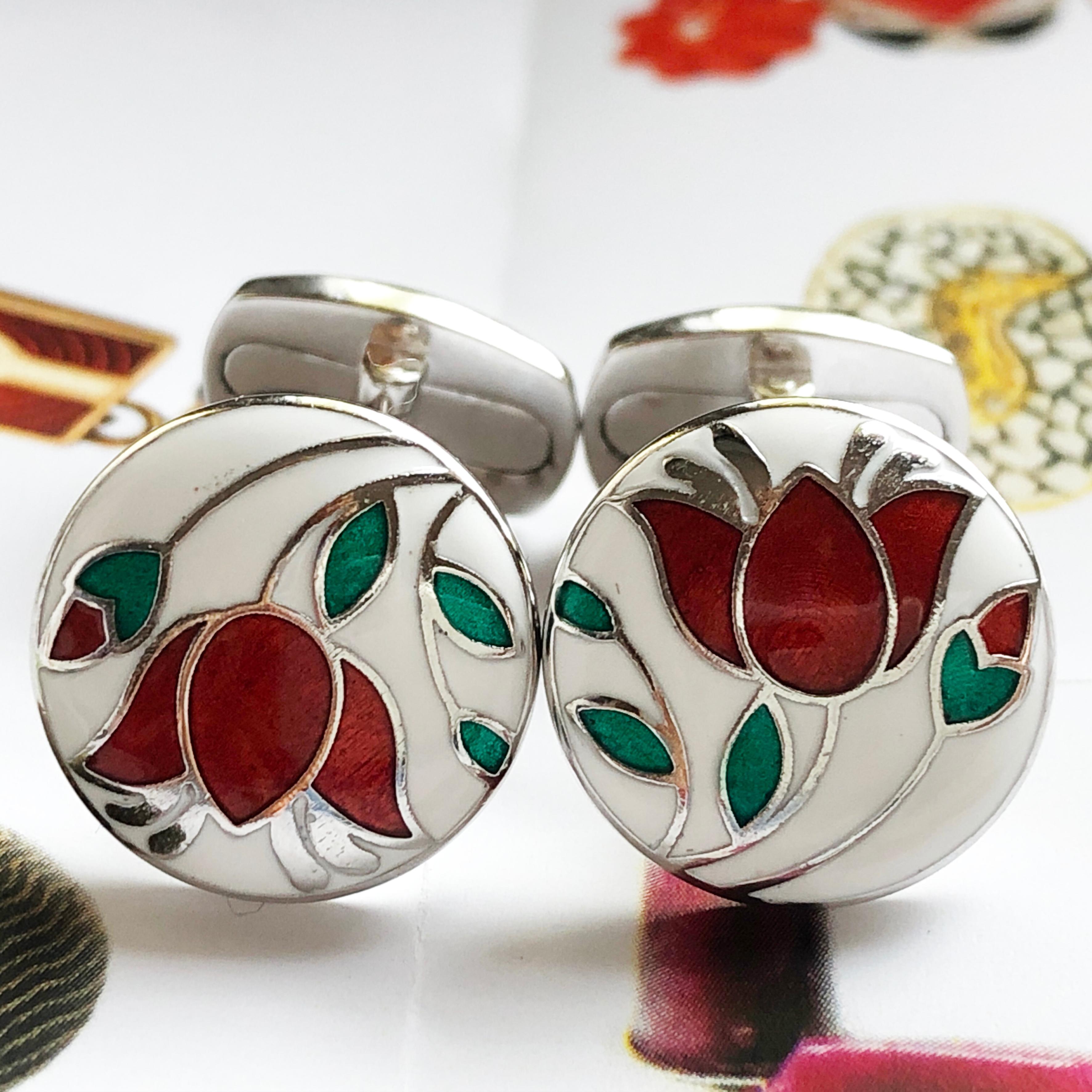 Berca Red Flower White Setting Enameled Sterling Silver T-Bar Back Cufflinks For Sale 4