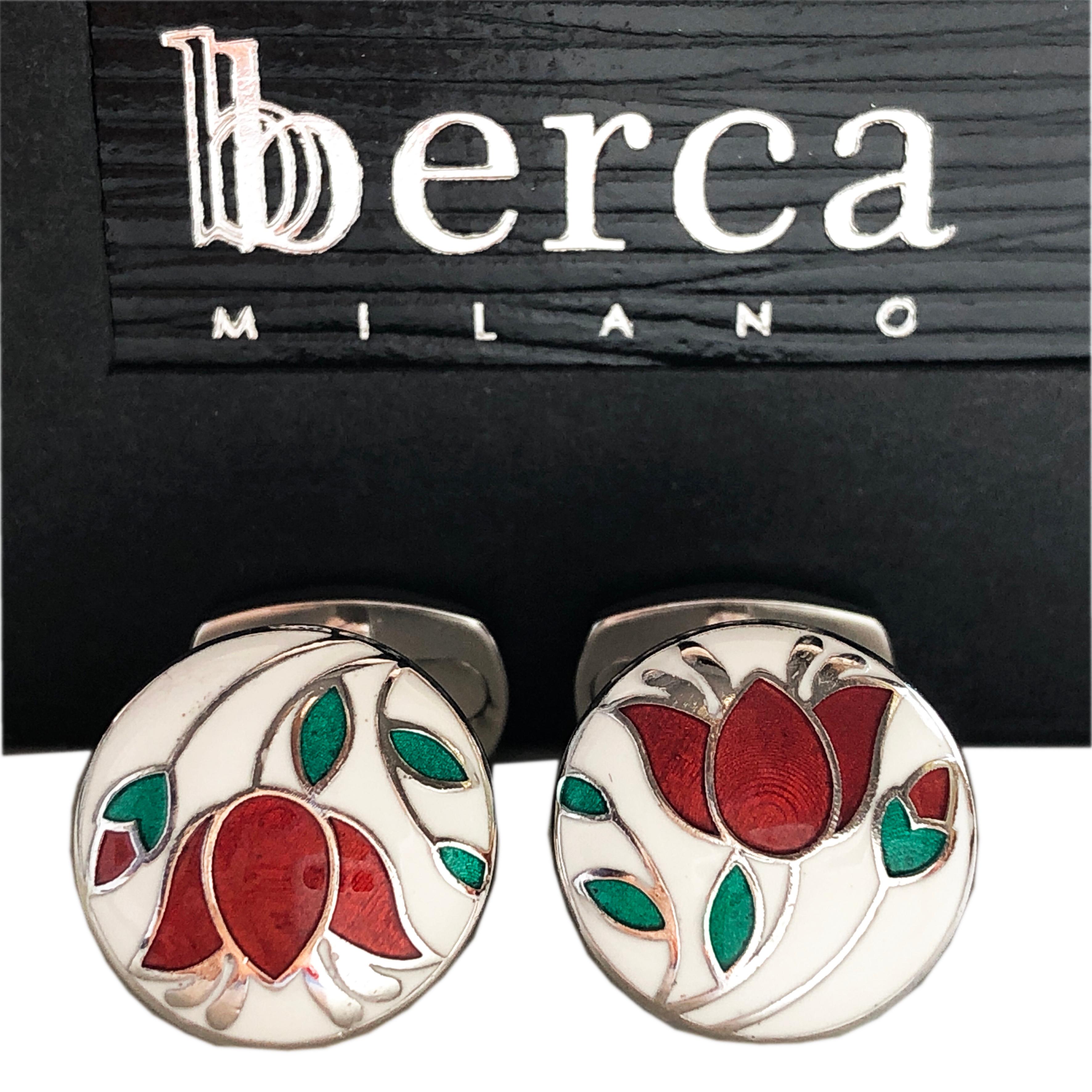 Chic, Unique yet Timeless Hand Enameled Red Flower, Green Leaves, in a Round White Setting Cabochon Sterling Silver Cufflinks, T-bar back.
In our Smart Black Box and Pouch.

Front Diameter about 0.596 inches.