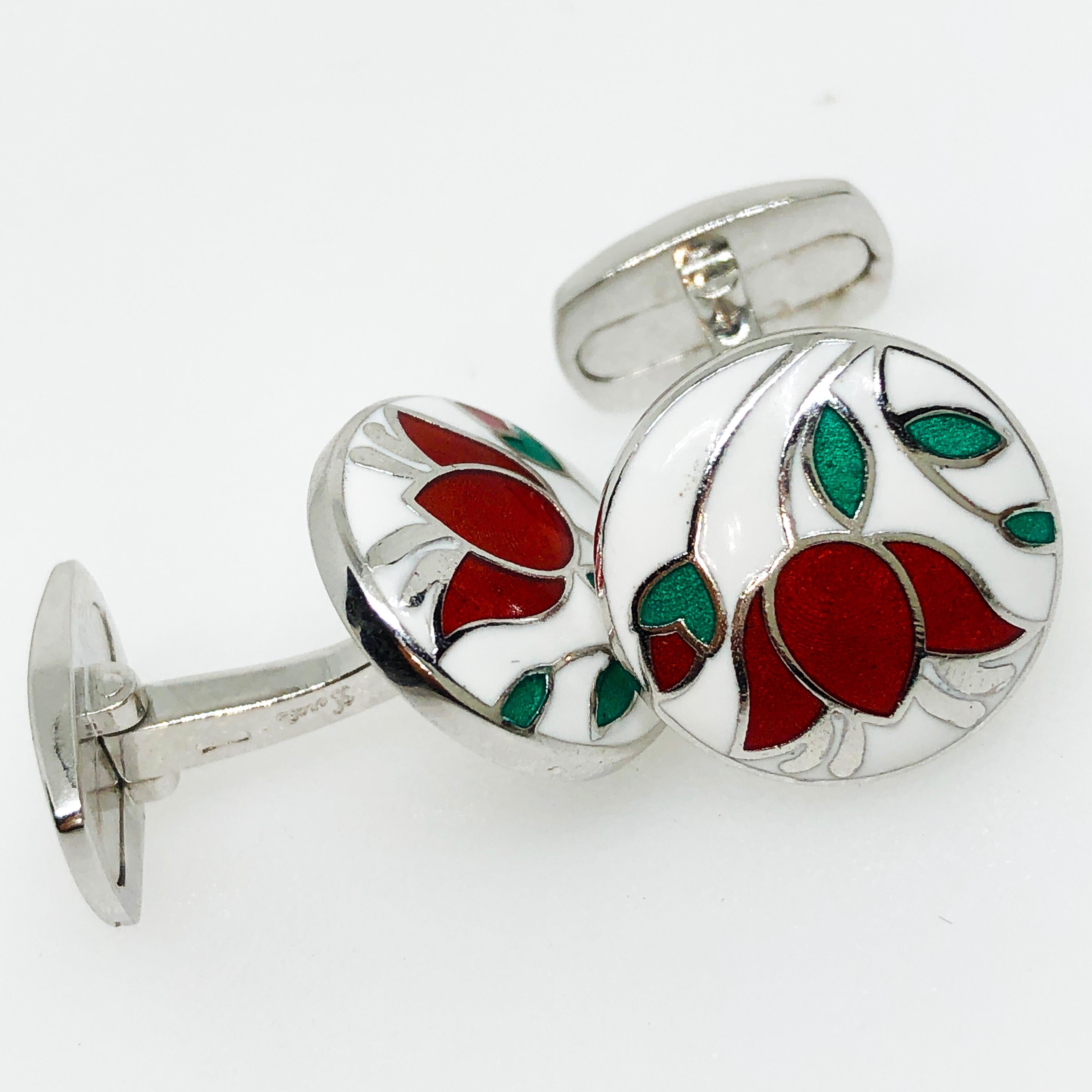 Gemelos Berca de plata de ley esmaltada con fondo en forma de T de flor roja y engaste blanco Contemporáneo en venta