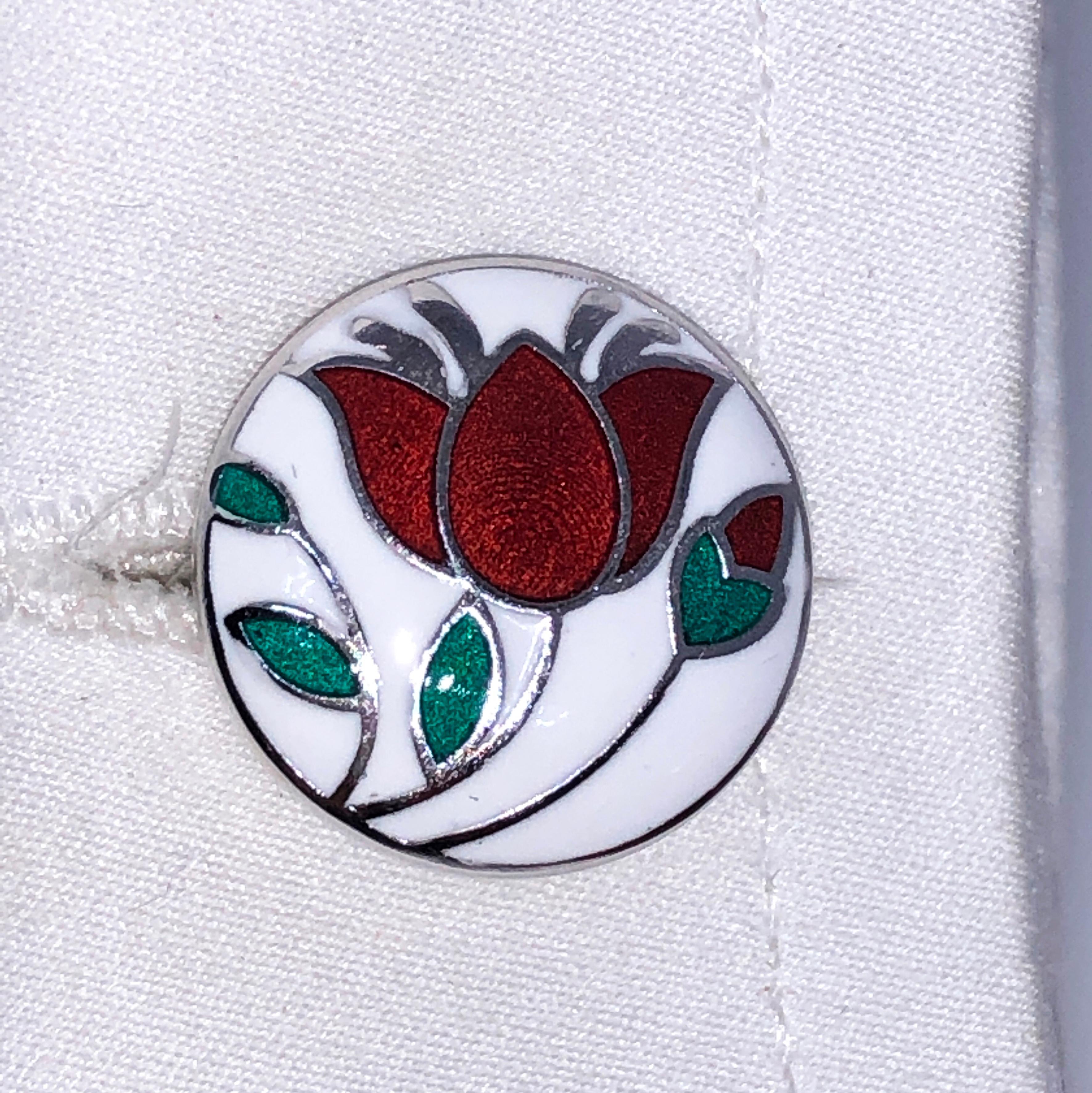 Berca Red Flower White Setting Enameled Sterling Silver T-Bar Back Cufflinks In New Condition For Sale In Valenza, IT