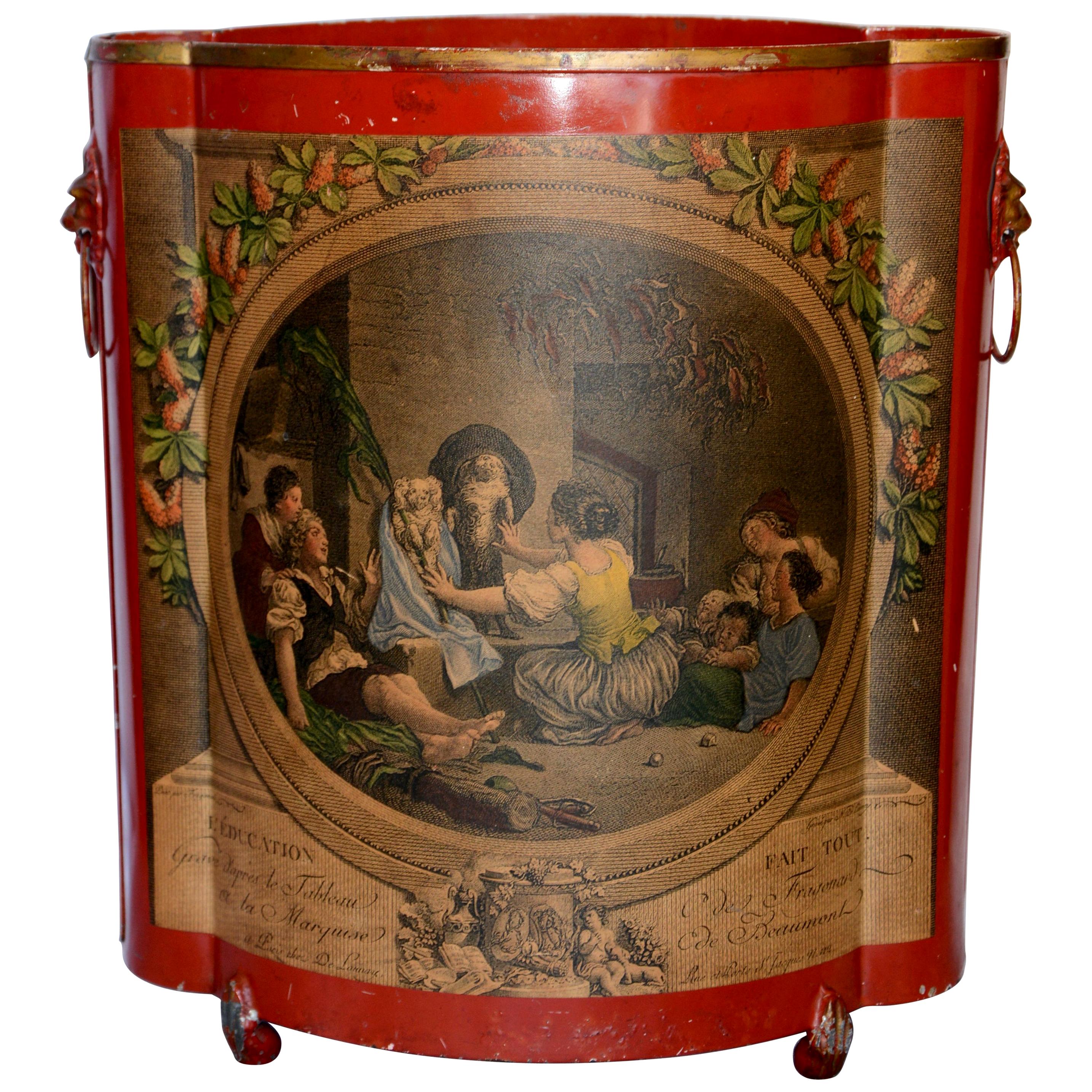 Red Footed Tole Tin Waste Basket with Decoupage Print Midcentury For Sale