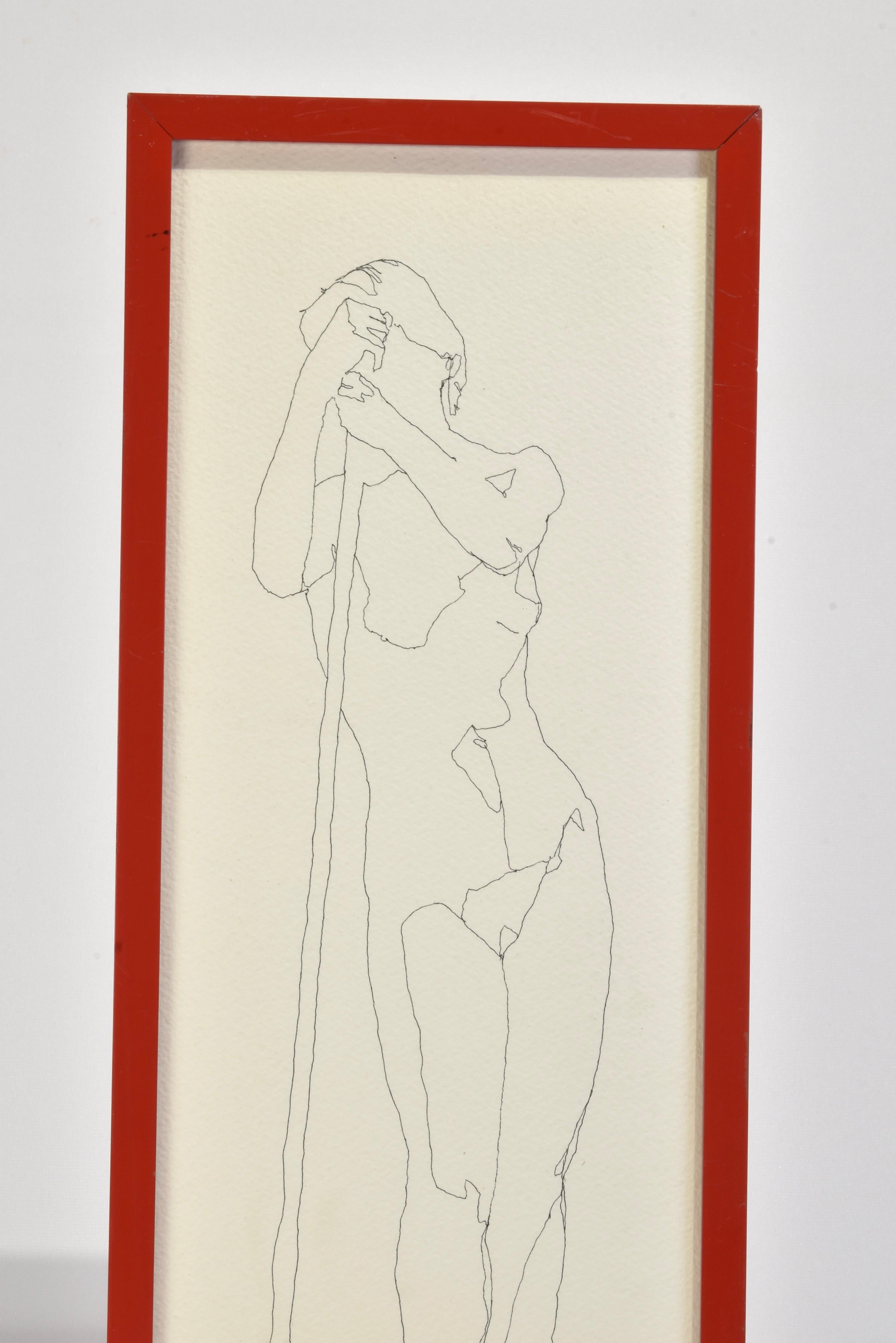 Beautiful framed abstract line drawing, signed '88. Framed in red with a wire on the back for hanging.