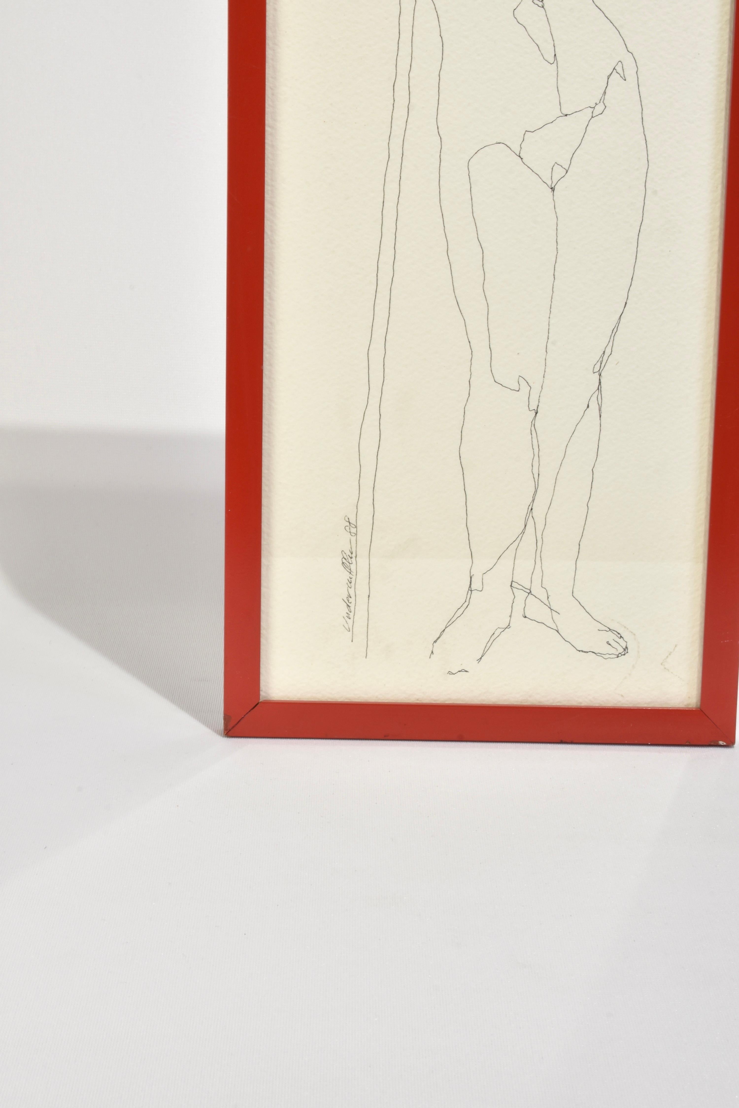 Red Framed Line Drawing In Good Condition In Richmond, VA