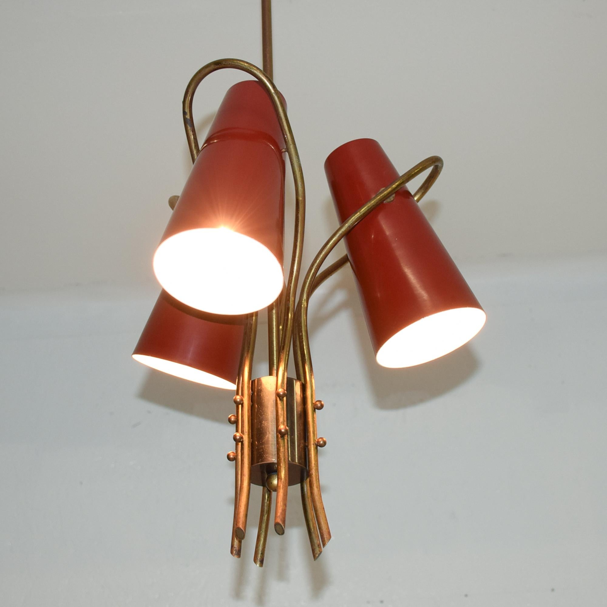 Mid-Century Modern French Red Chandelier Style of Pierre Guariche Curved Triple Cone Lamp, 1950s