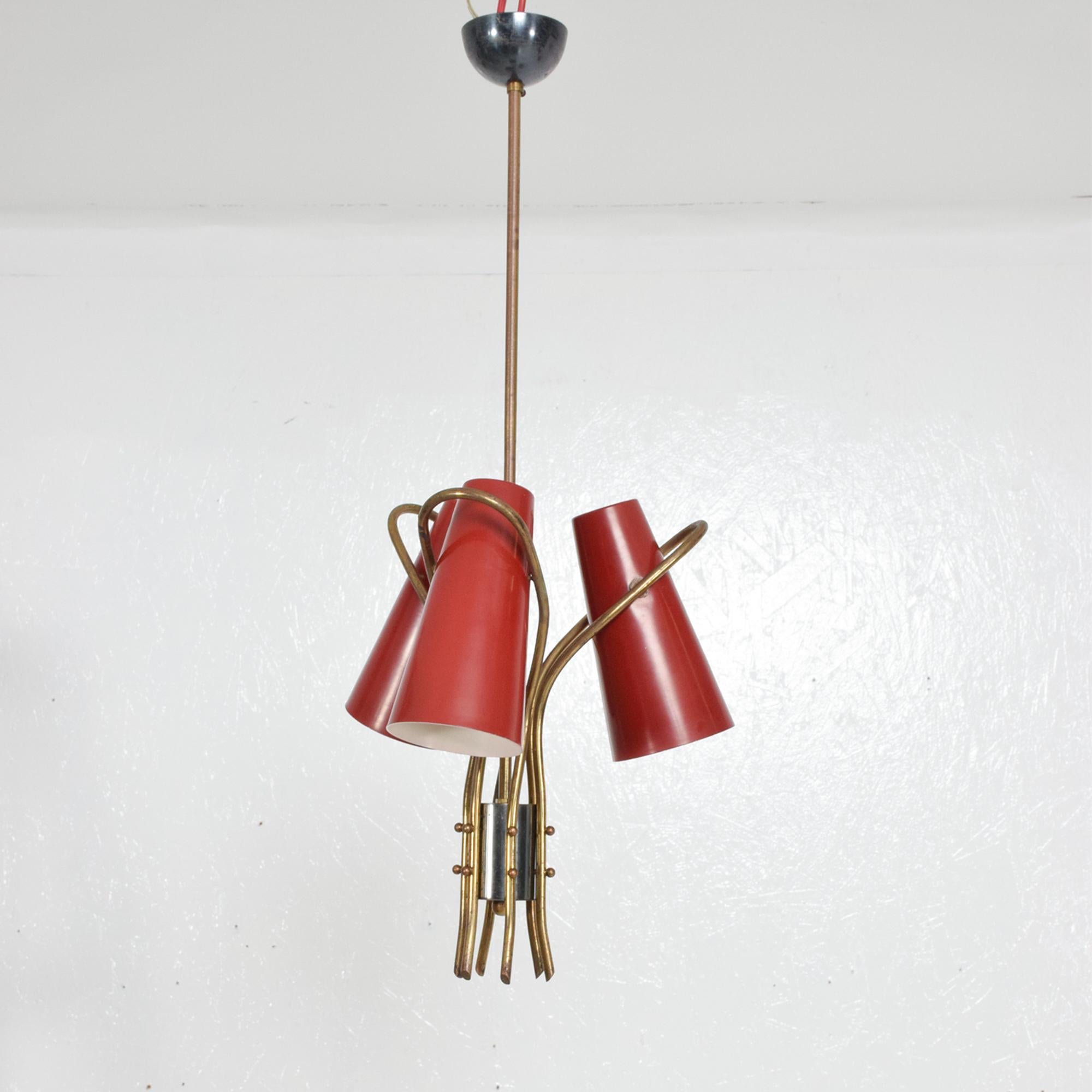 Mid-20th Century French Red Chandelier Style of Pierre Guariche Curved Triple Cone Lamp, 1950s