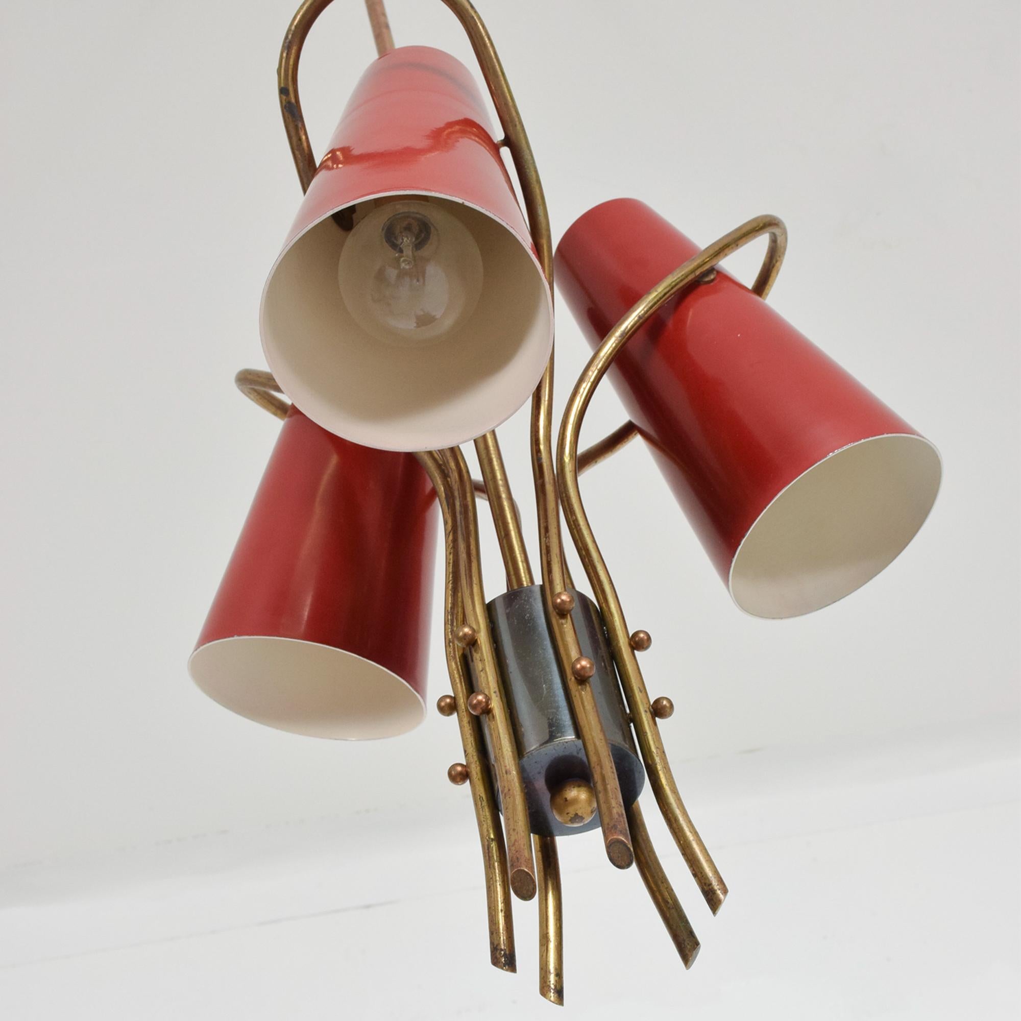 French Red Chandelier Style of Pierre Guariche Curved Triple Cone Lamp, 1950s 1
