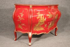 Red French Louis XVI Style Hand Painted Bombe Commode Circa 1930