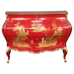 Red French Louis XVI Style Hand Painted Bombe Commode Circa 1930
