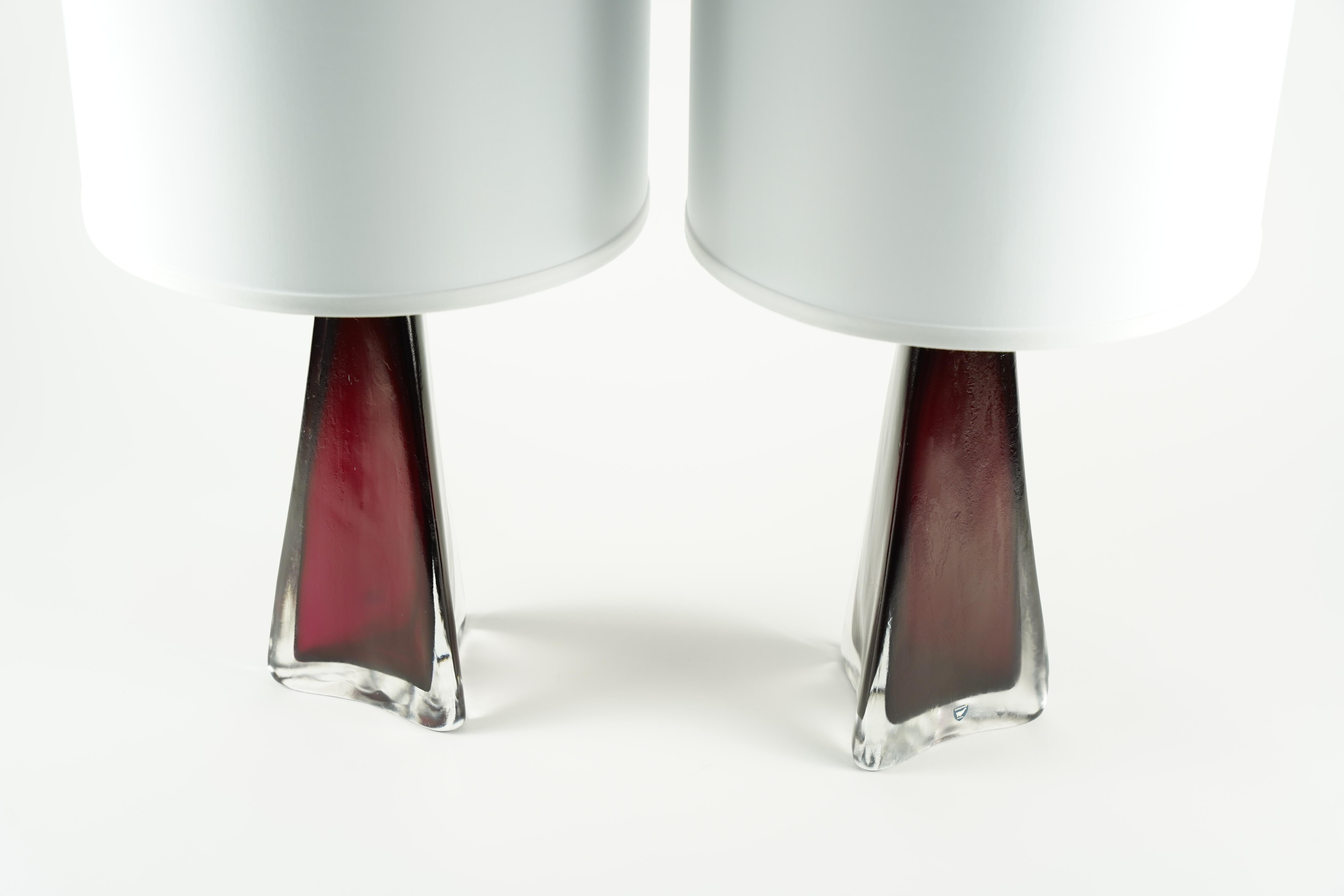 Mid-Century Modern Red Frosted Triangular Orrefors Lamps, Sweden 1950 For Sale