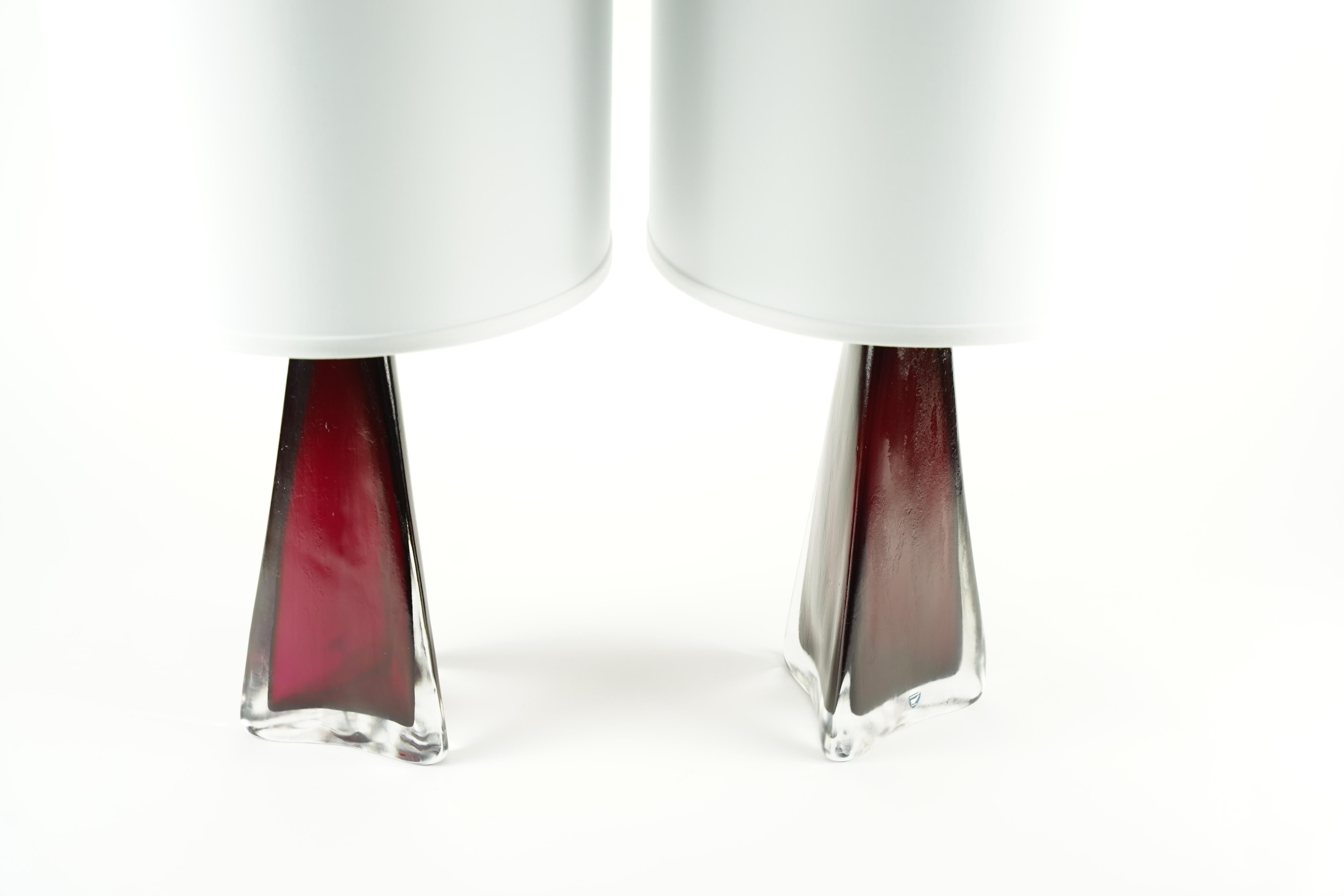 Cast Red Frosted Triangular Orrefors Lamps, Sweden 1950 For Sale