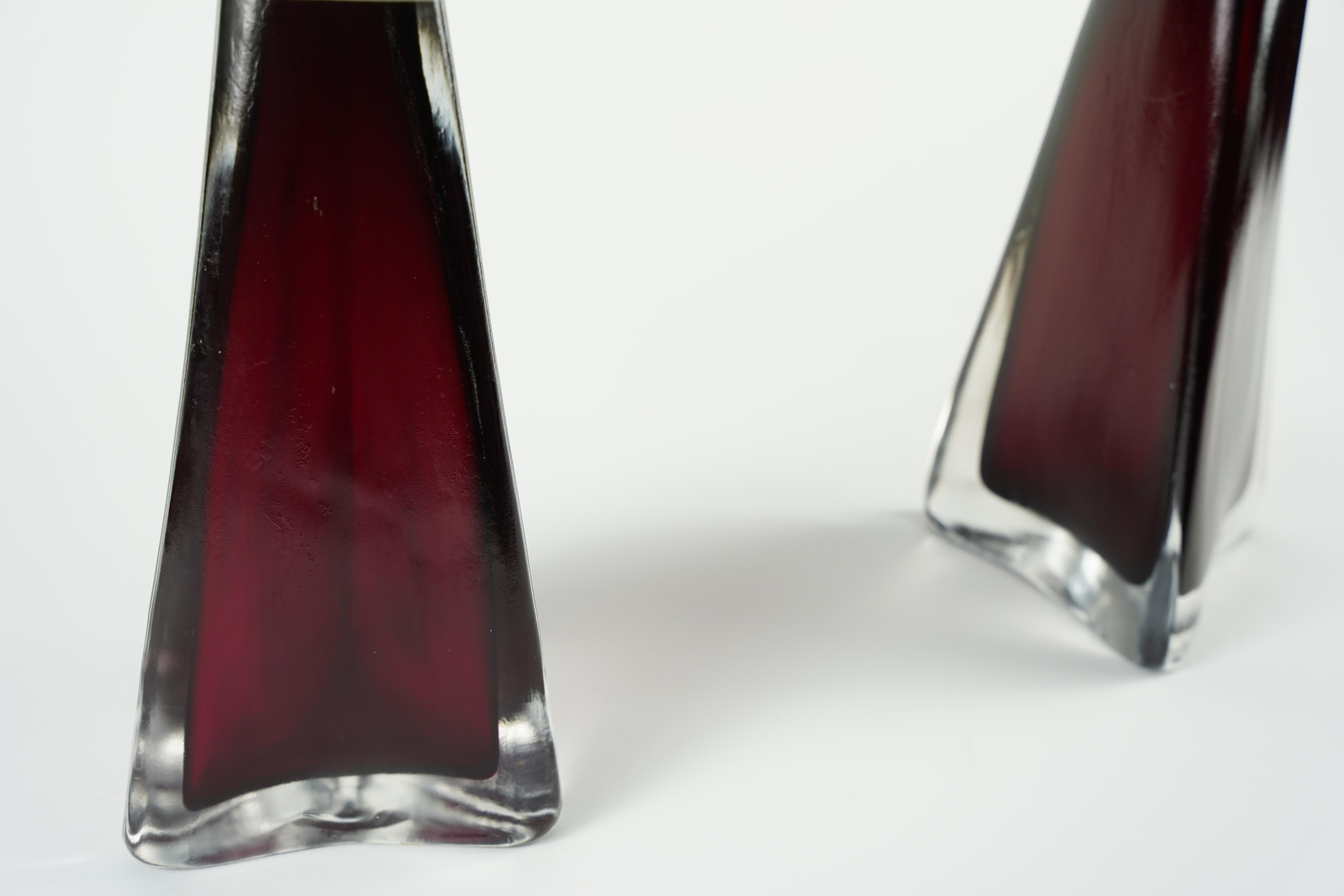 Red Frosted Triangular Orrefors Lamps, Sweden 1950 In Good Condition For Sale In Bronx, NY
