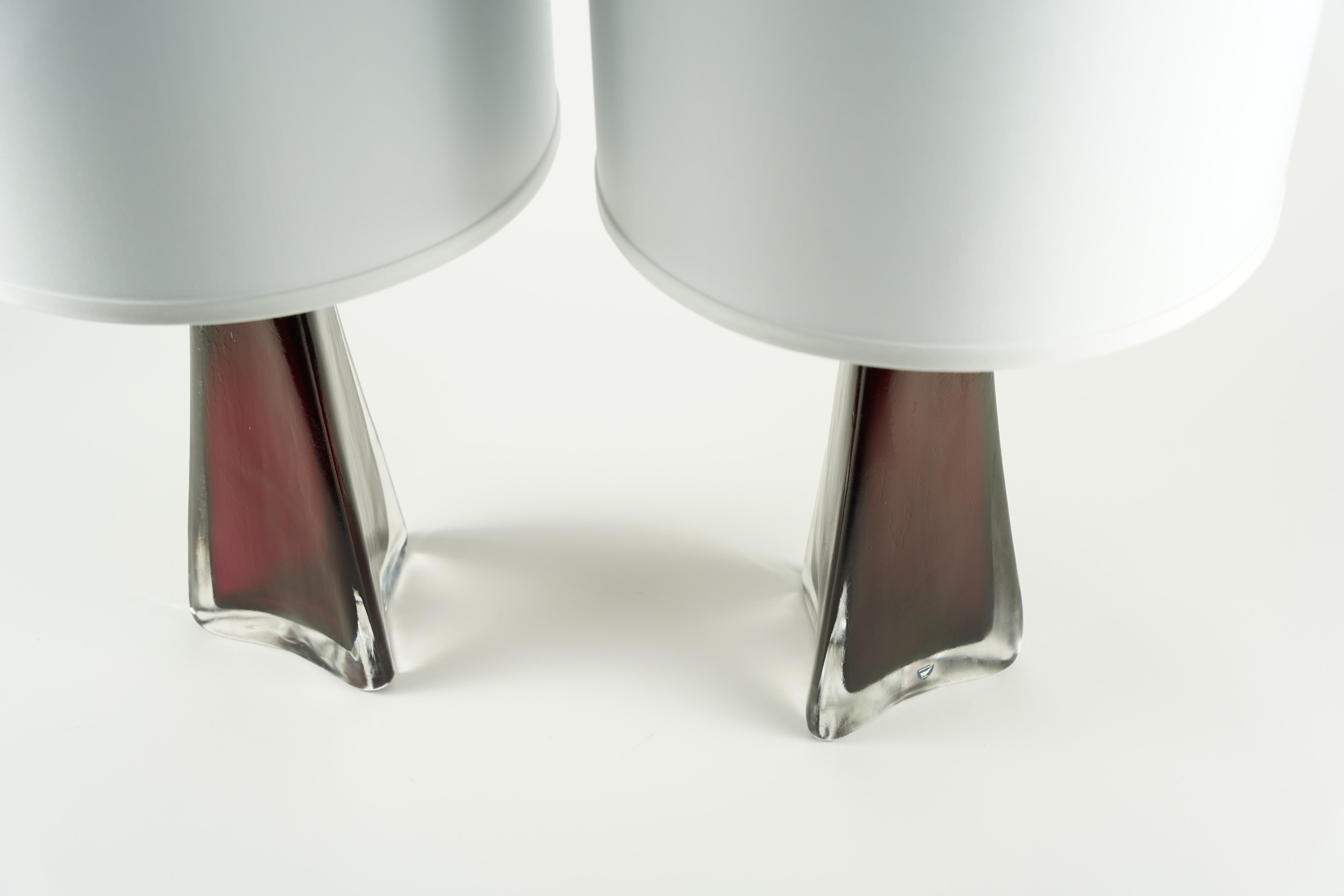 20th Century Red Frosted Triangular Orrefors Lamps, Sweden 1950 For Sale