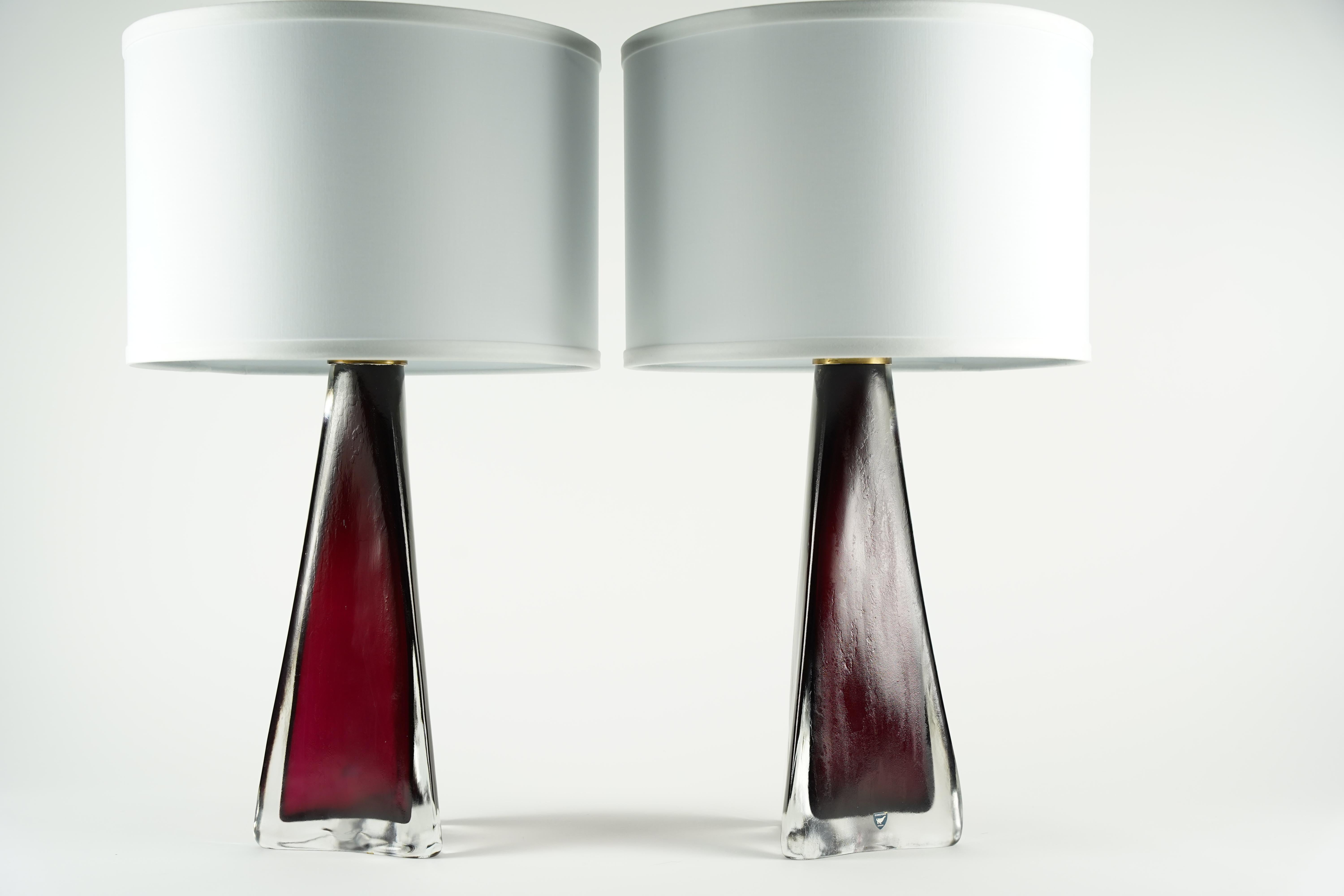 Red Frosted Triangular Orrefors Lamps, Sweden 1950 For Sale 1