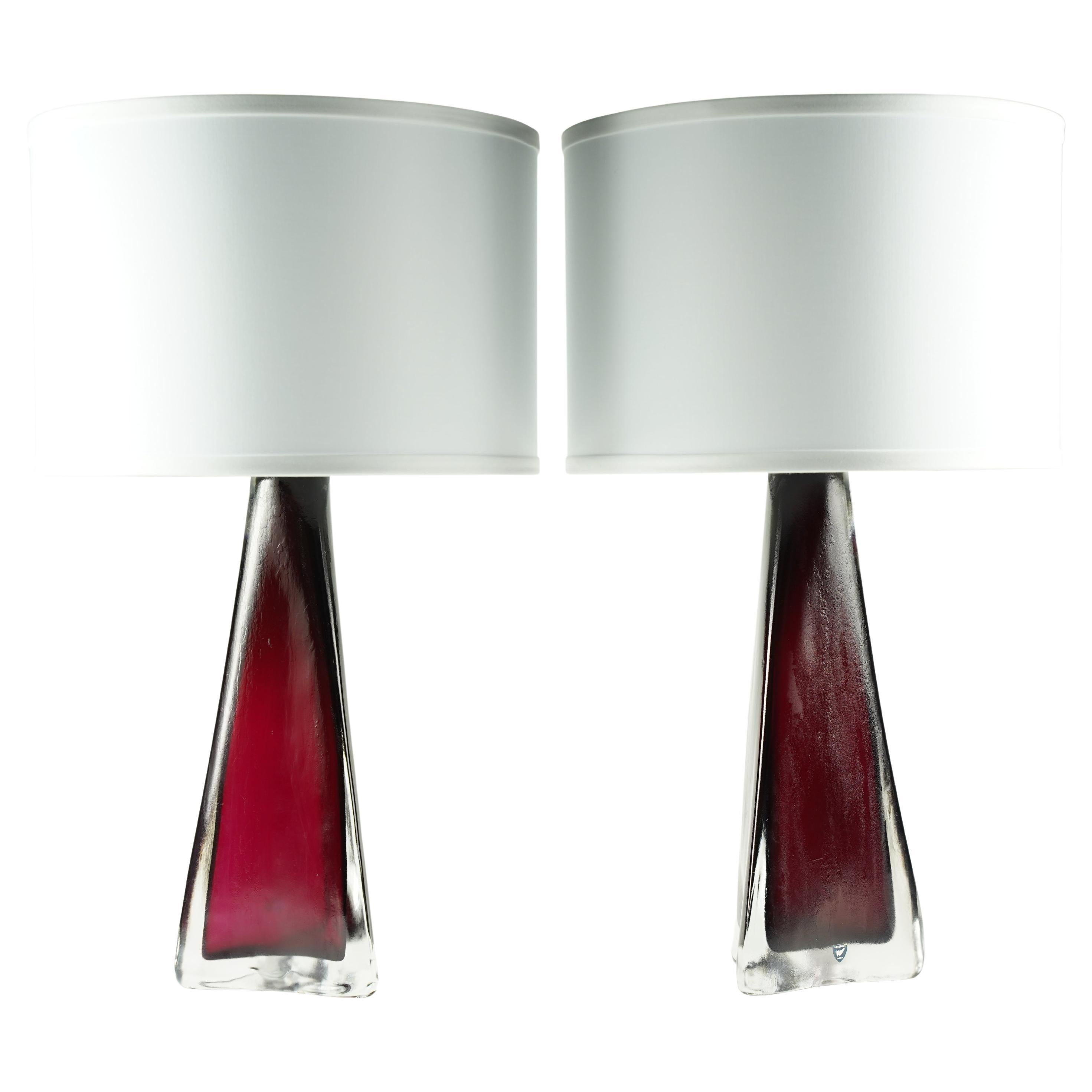 Red Frosted Triangular Orrefors Lamps, Sweden 1950