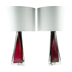 Red Frosted Triangular Orrefors Lamps, Sweden 1950
