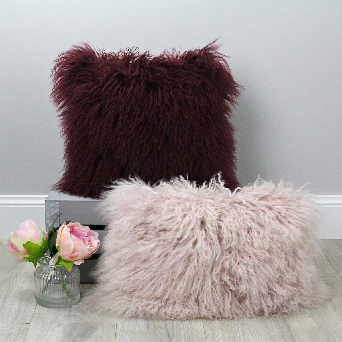 red mongolian fur cushion