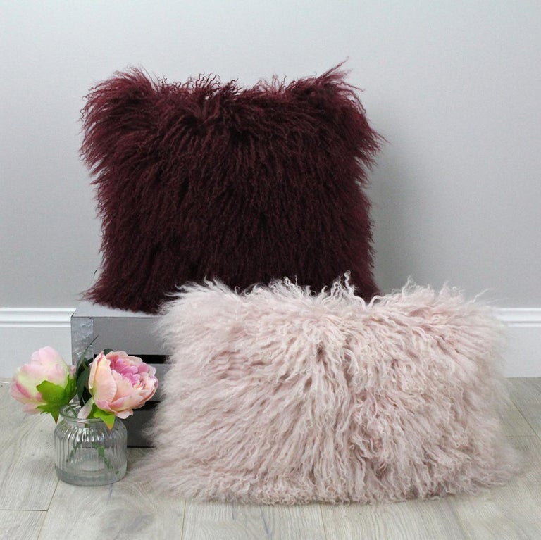 Red Fur Pillow, Mongolian Sheepskin Cushion at 1stDibs