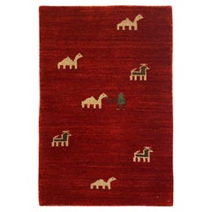 Red Gabbeh Rug with Animal and Figure Motifs in Green, Cream, and Brown, 2' x 3'