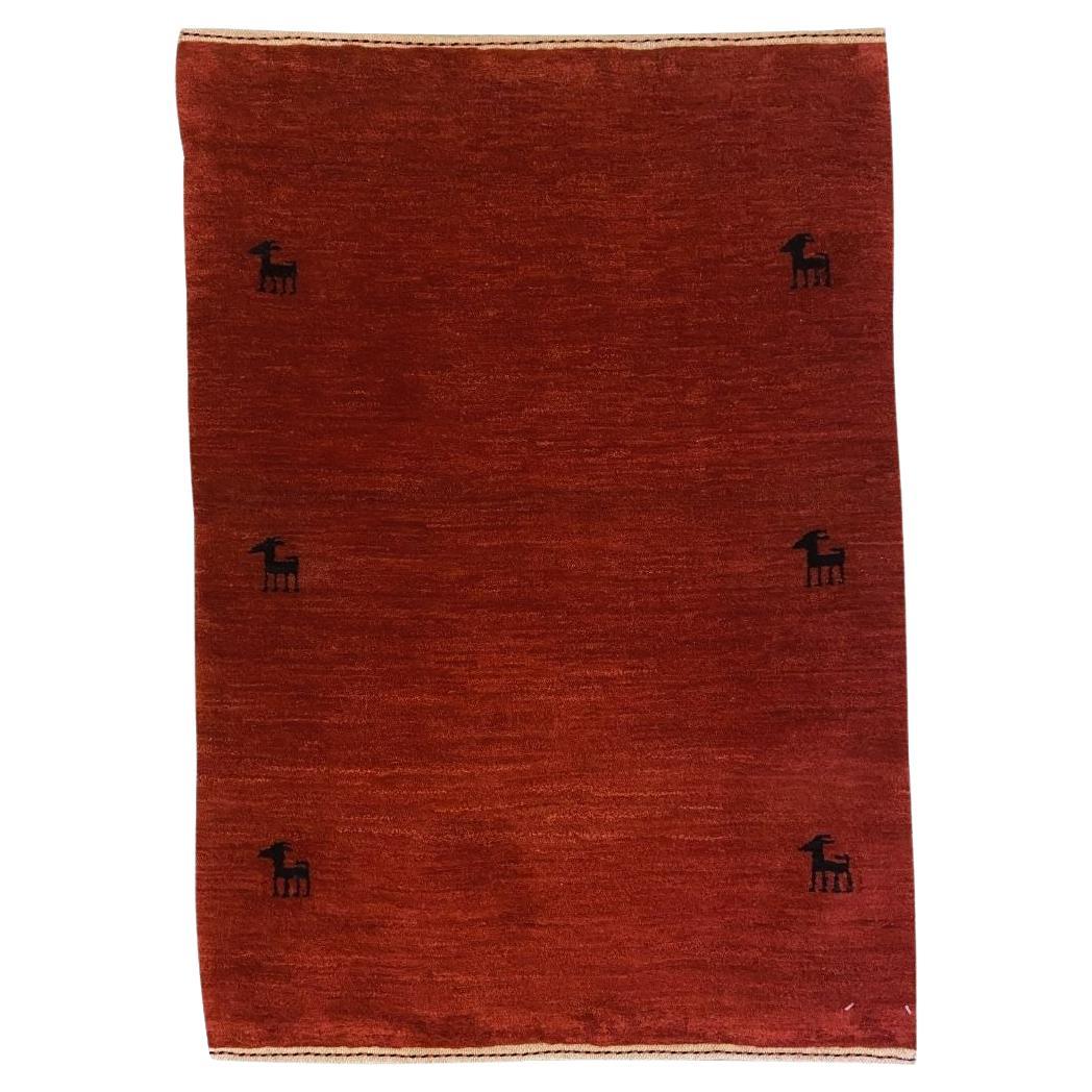 Red Gabbeh Rug with Minimalist Tribal Design and Black Animal Motifs, 2
 x 3
