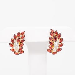 Red Garnet and Diamond Leaf Design Earrings in 14k Yellow and White Gold