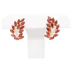 Red Garnet and Diamond Leaf Design Earrings in 14k Yellow and White Gold