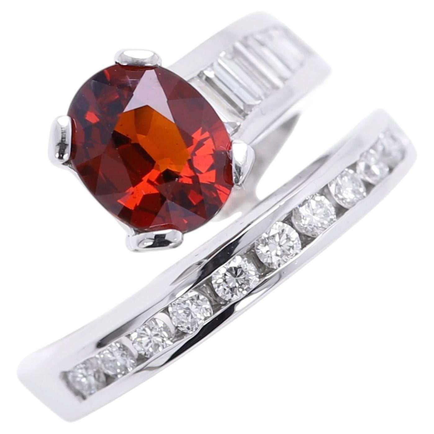 Red Garnet and Diamond Ring 14K White Gold Natural Oval Gemstone