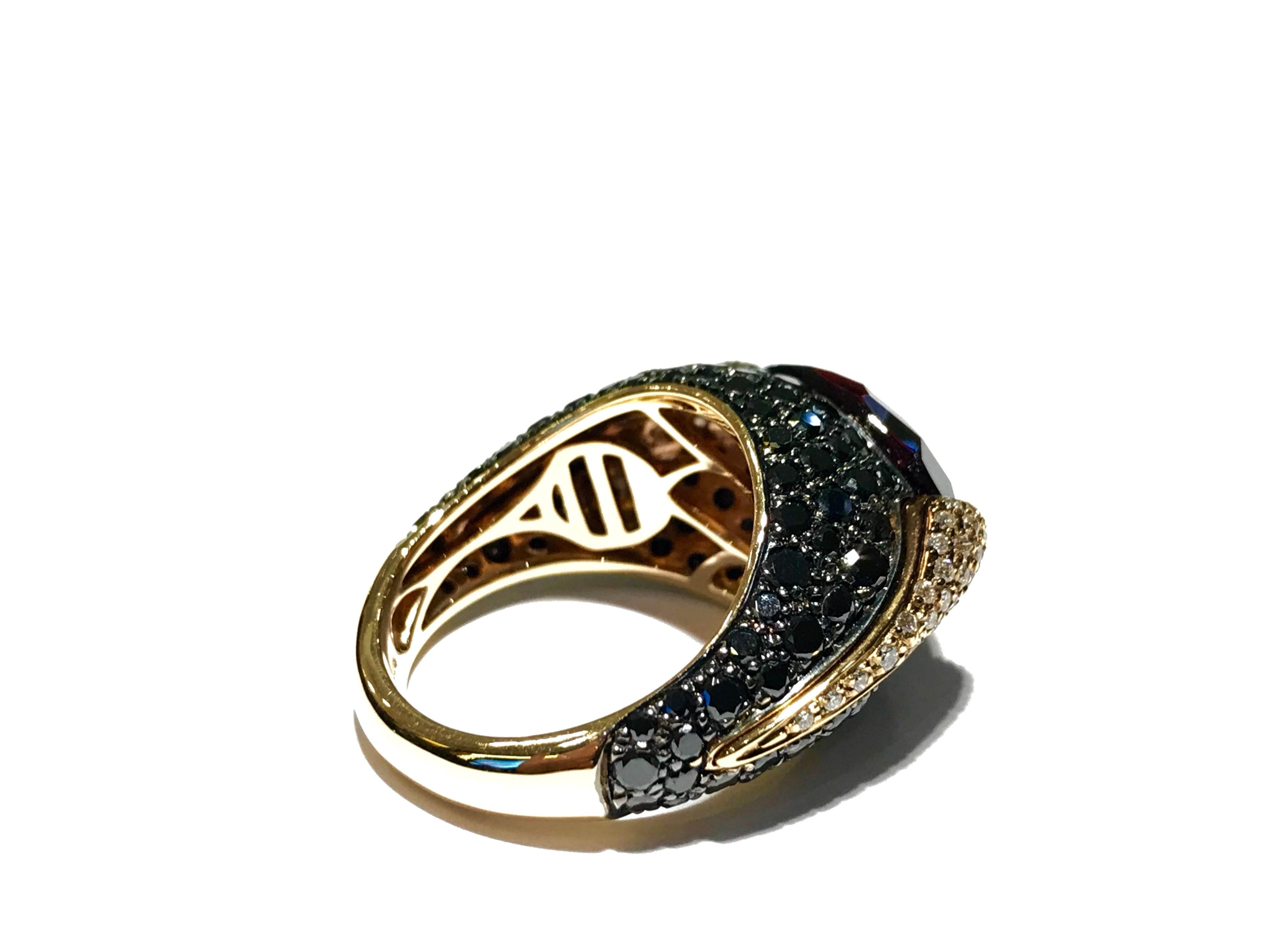 Red Garnet and diamond ring set in 18 k rose gold 
Mimi Italian designer Red Garnet ring with a mix of black and white diamonds 
set in 18 k rose gold 

