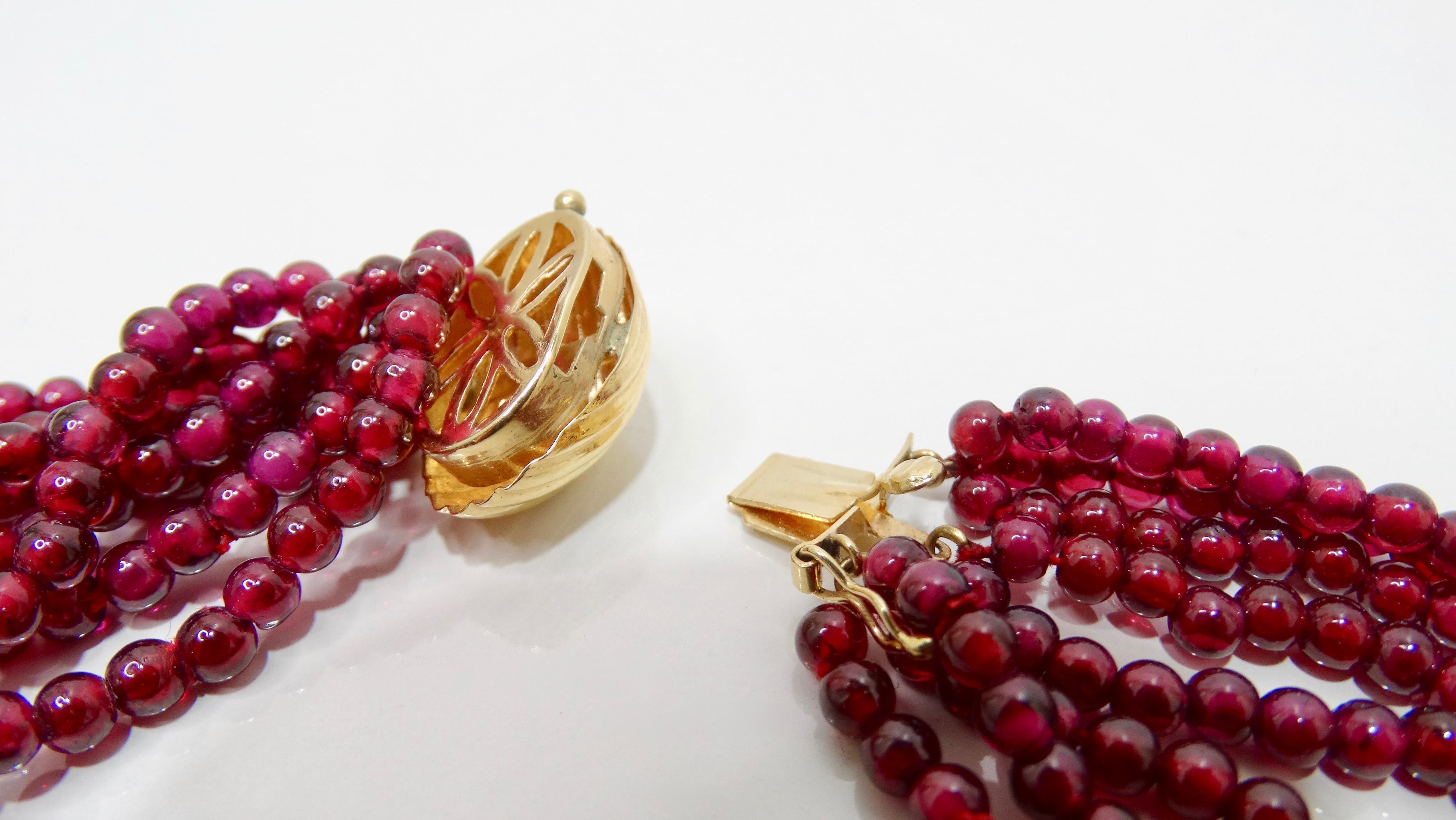 Round Cut Red Garnet and Gold Multi-Strand Necklace  For Sale