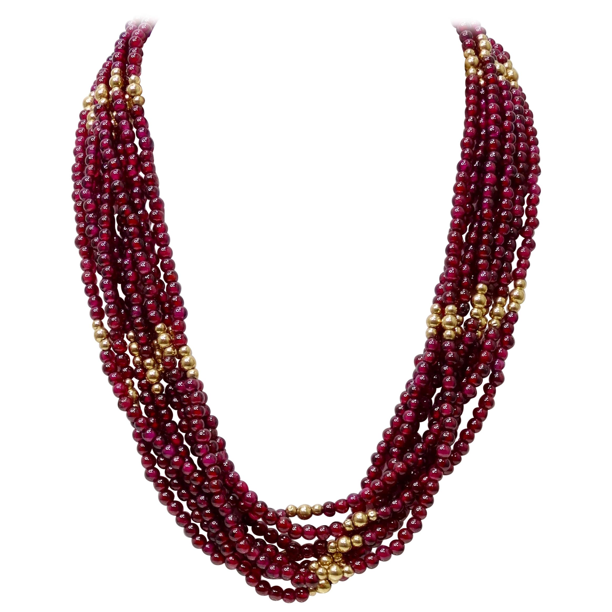 Mehrreihige Halskette aus rotem Granat und Gold  im Angebot