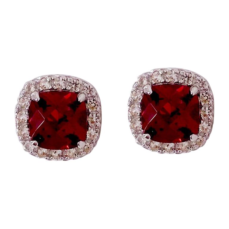 Red Garnet and White Sapphire Stud Earrings, Halo Design in Silver For Sale