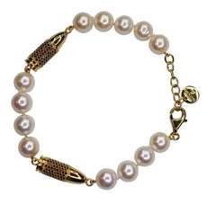 Red Garnet Pave Set Gold Rocket Bullet White Pearl Silver 18K Vermeil Bracelet