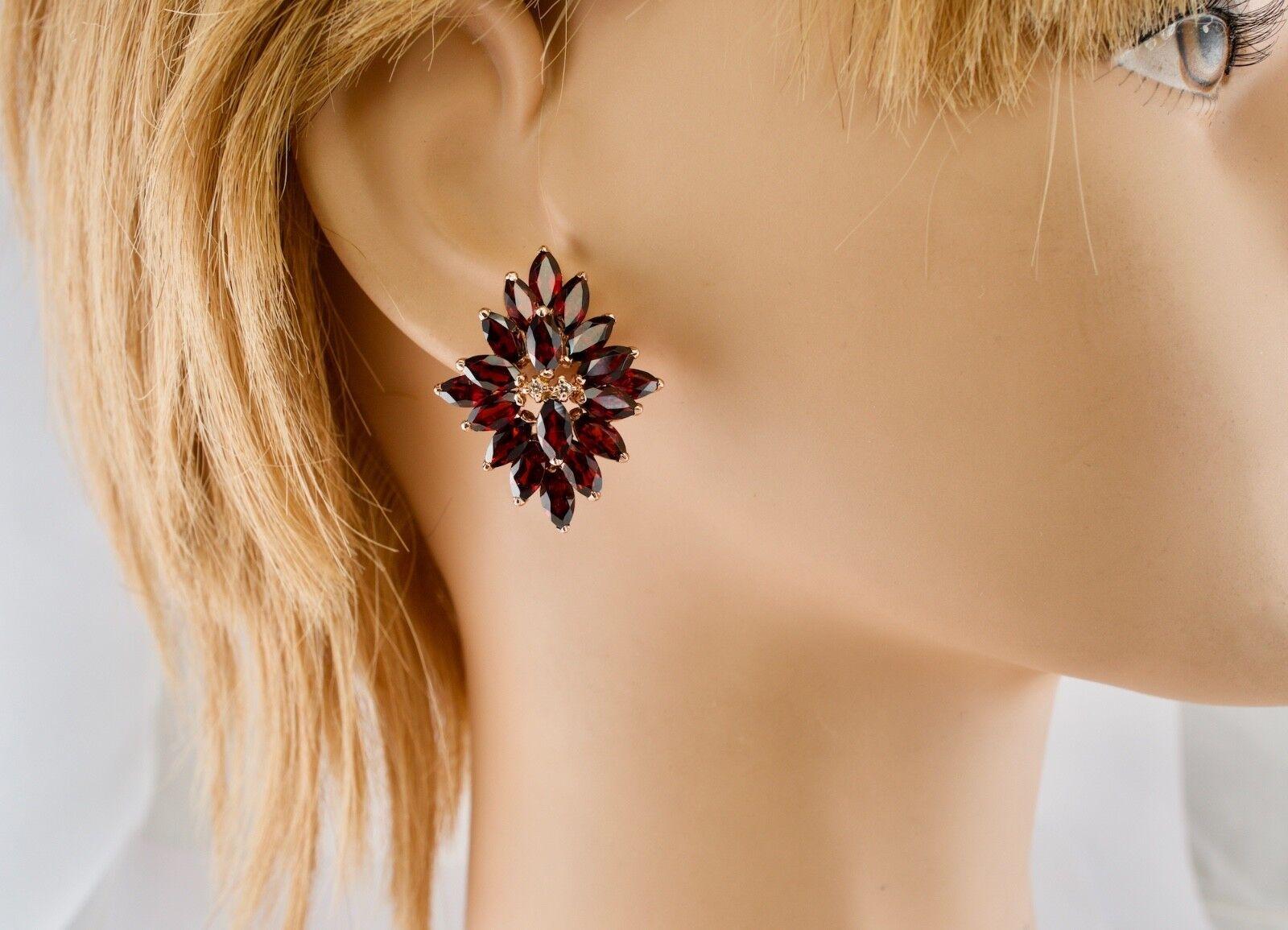 Marquise Cut Red Garnet Diamond Earrings Flower 14K Rose Gold Vintage For Sale