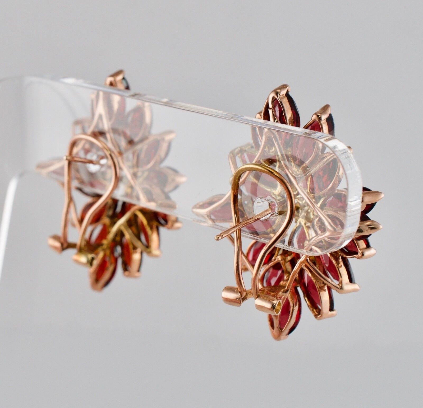 Women's Red Garnet Diamond Earrings Flower 14K Rose Gold Vintage For Sale