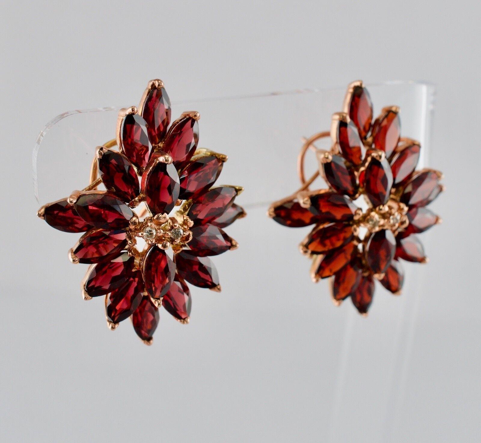 Boucles d'oreilles grenat rouge et diamant Fleur en or rose 14K Vintage en vente 1