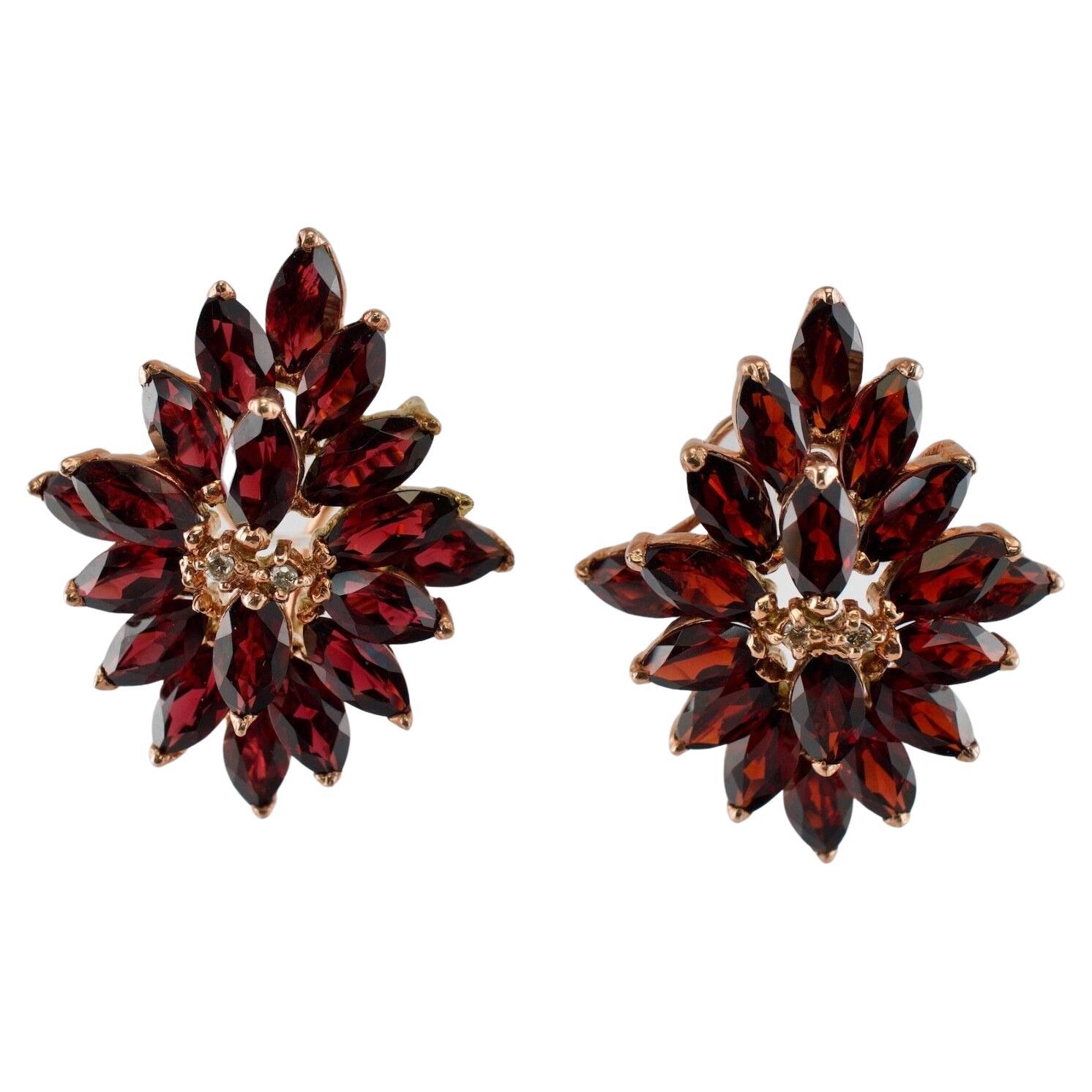 Boucles d'oreilles grenat rouge et diamant Fleur en or rose 14K Vintage en vente