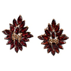 Red Garnet Diamond Earrings Flower 14K Rose Gold Retro