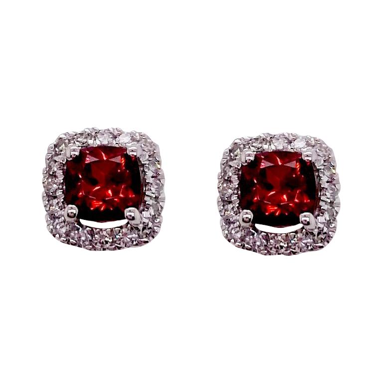 Red Garnet Diamond Earrings w Halo of Diamonds Stud Earrings, White For Sale